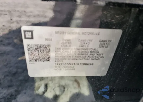 2019 Chevrolet Impala Lt из США, поврежденный, VIN 1G11Z5S31KU108694